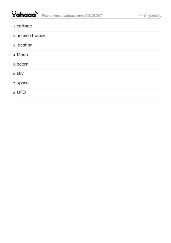 Word list with meanings worksheet for unit 10 global 6