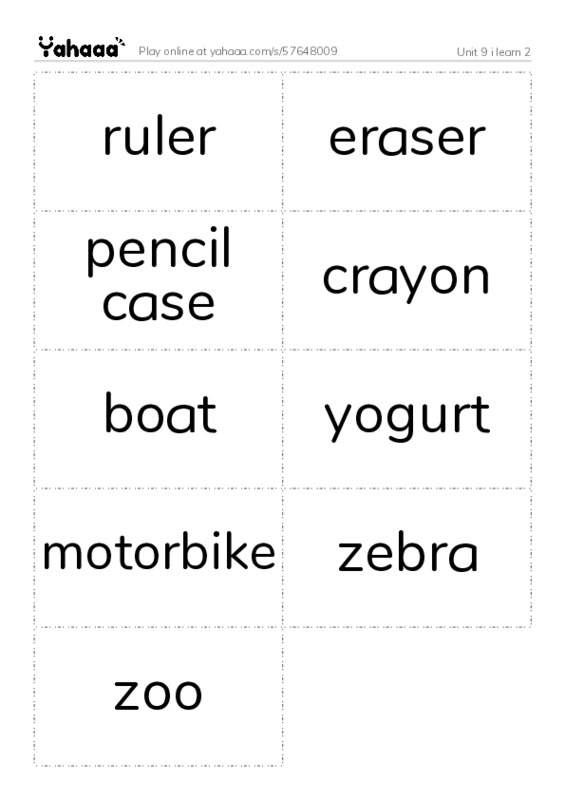 Word flashcards worksheet for Unit 9 i learn 2
