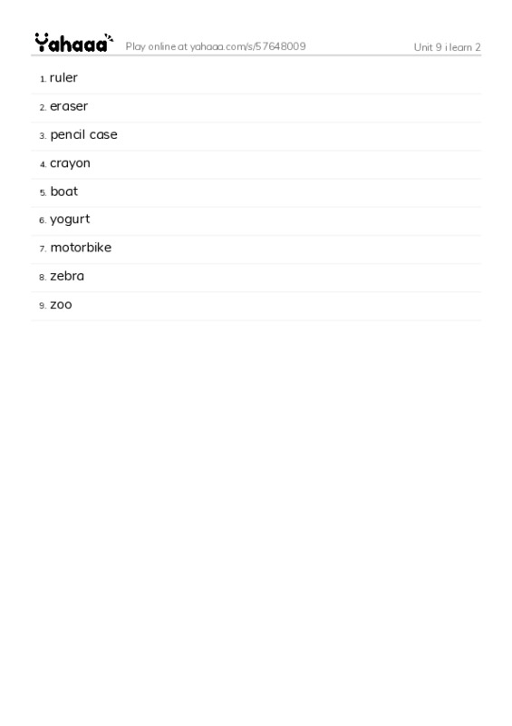Word list with meanings worksheet for Unit 9 i learn 2