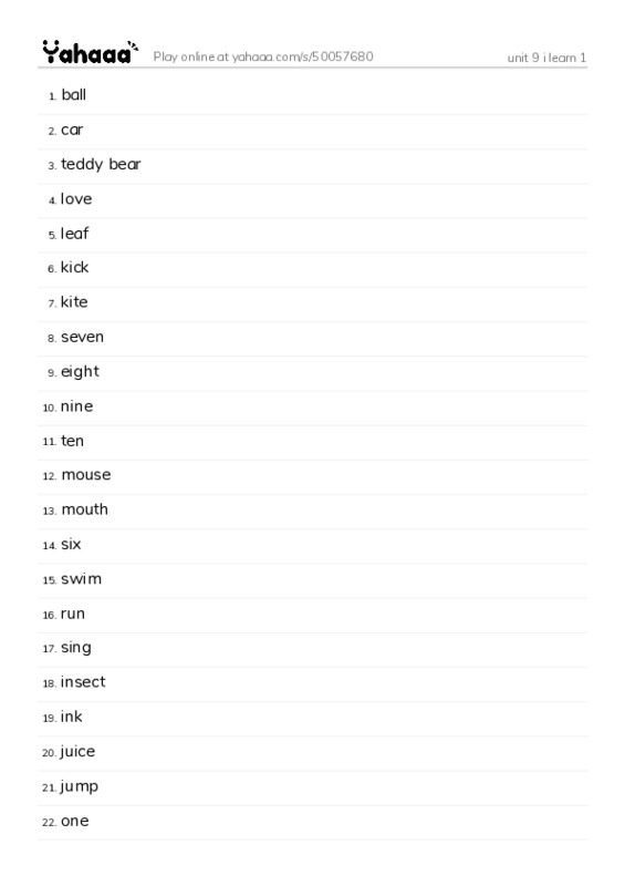 Word list with meanings worksheet for unit 9 i learn 1