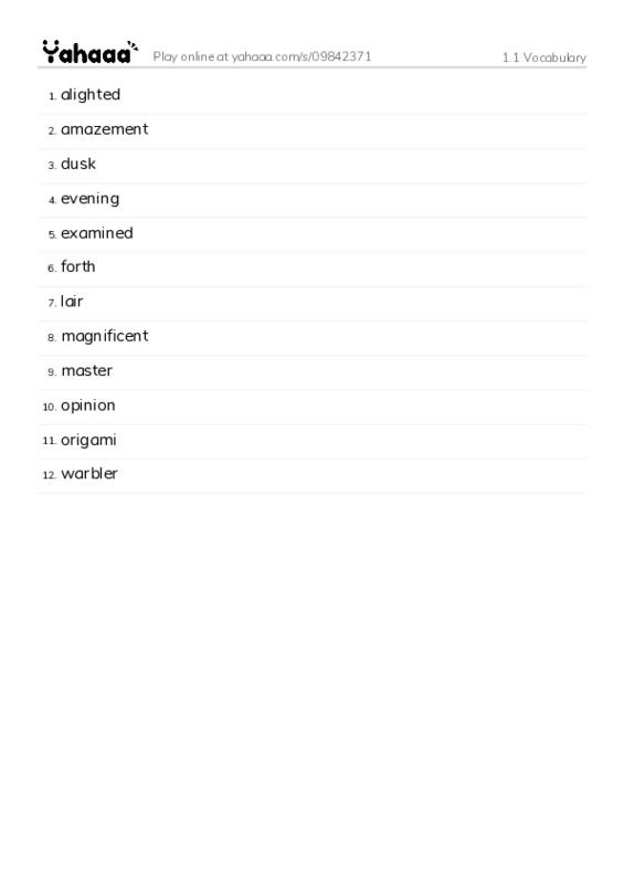 Word list with meanings worksheet for 1.1 Vocabulary