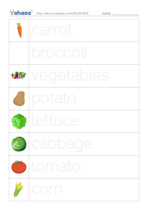Picture and word rows worksheet for vegetables