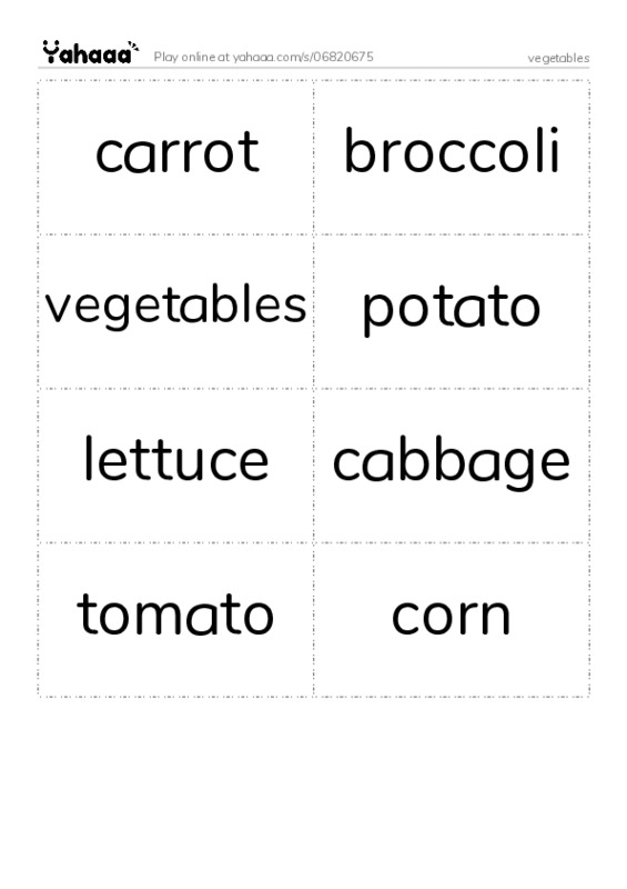 Word flashcards worksheet for vegetables