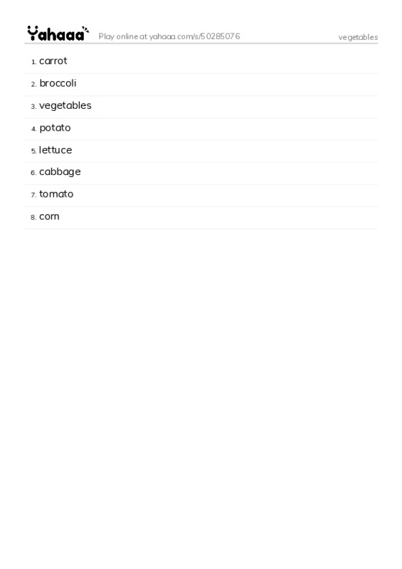Word list with meanings worksheet for vegetables