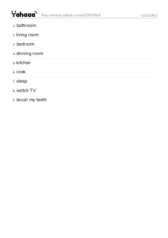 Word list with meanings worksheet for T2G1U4L1
