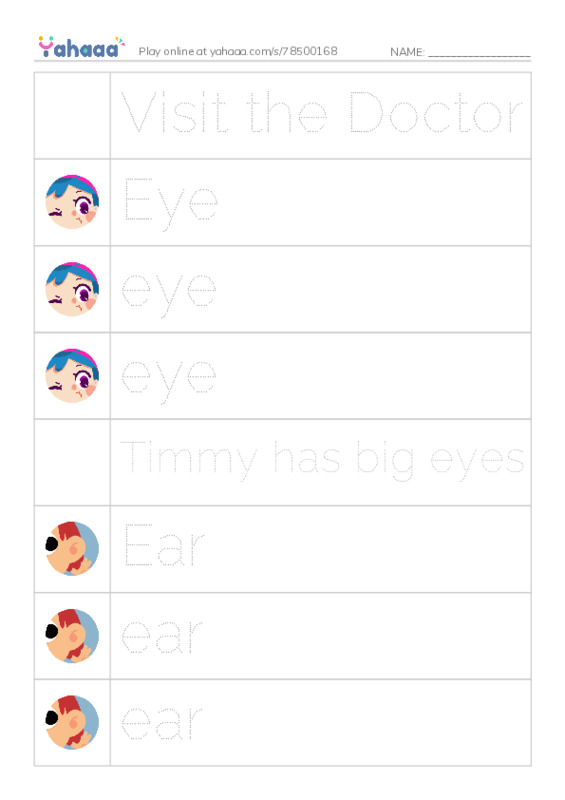 Picture and word rows worksheet for Visit the Doctor, Eye, eye and 10 more