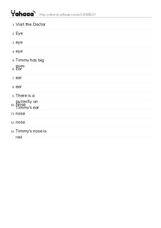 Word list with meanings worksheet for Visit the Doctor, Eye, eye and 10 more
