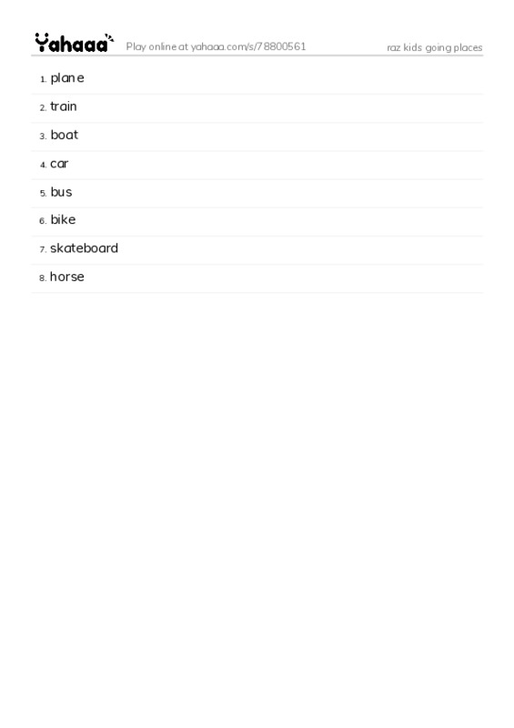 Word list with meanings worksheet for raz kids going places