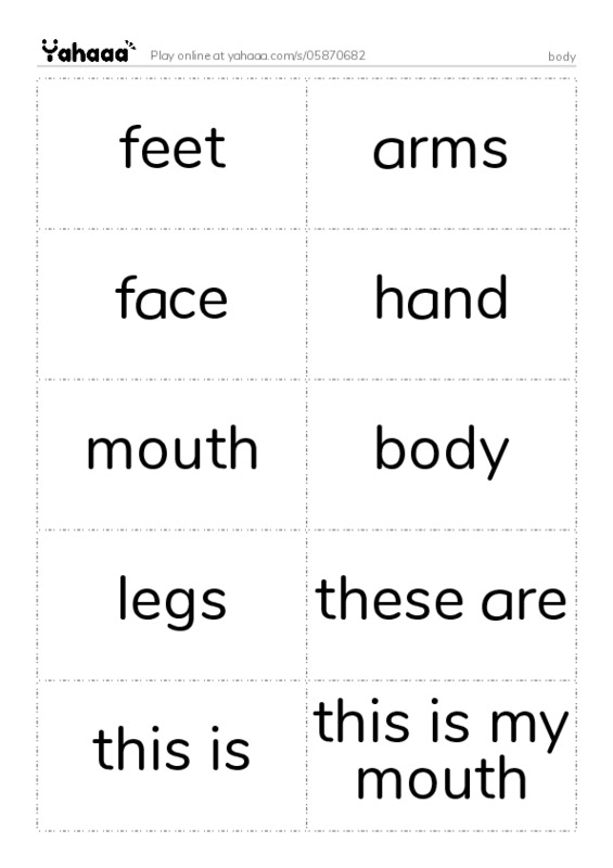 Word flashcards worksheet for body
