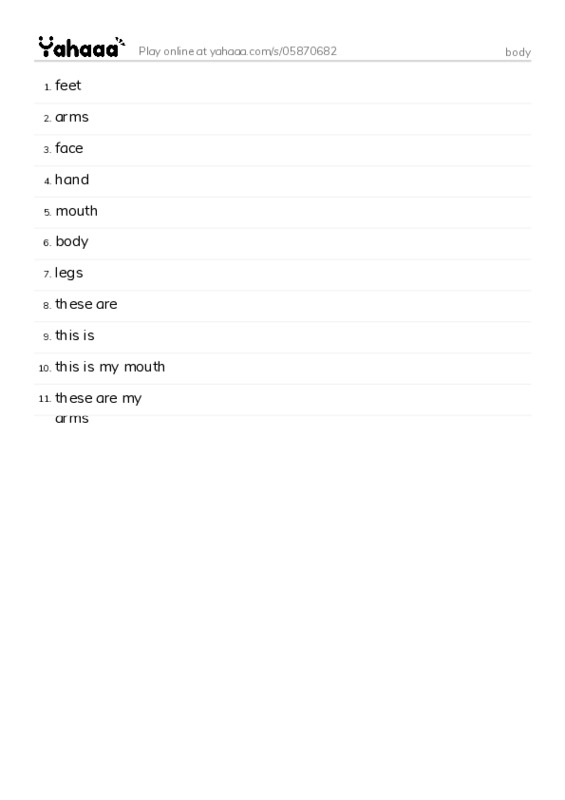 Word list with meanings worksheet for body