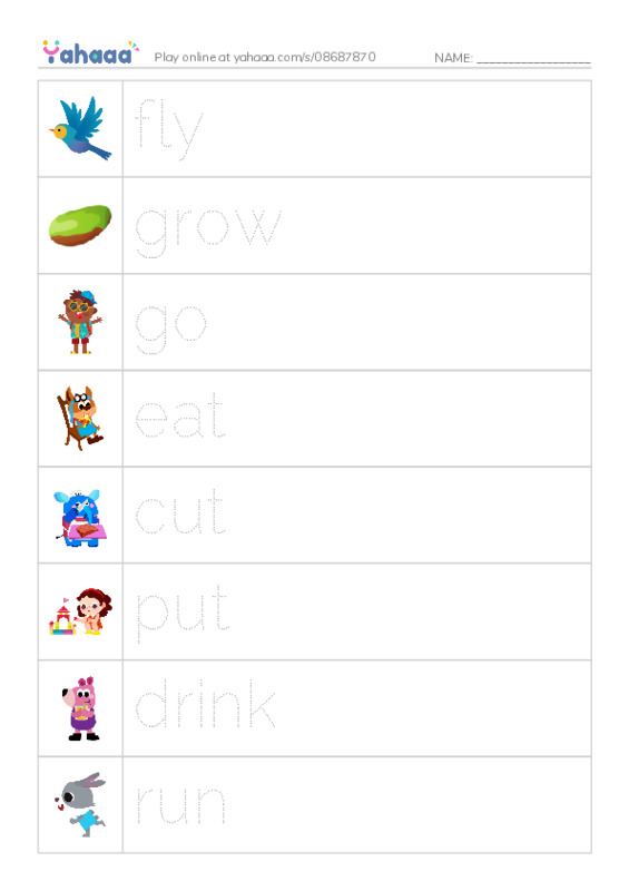 Picture and word rows worksheet for irregular verbs