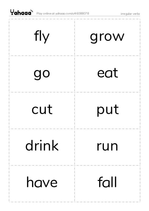 Word flashcards worksheet for irregular verbs