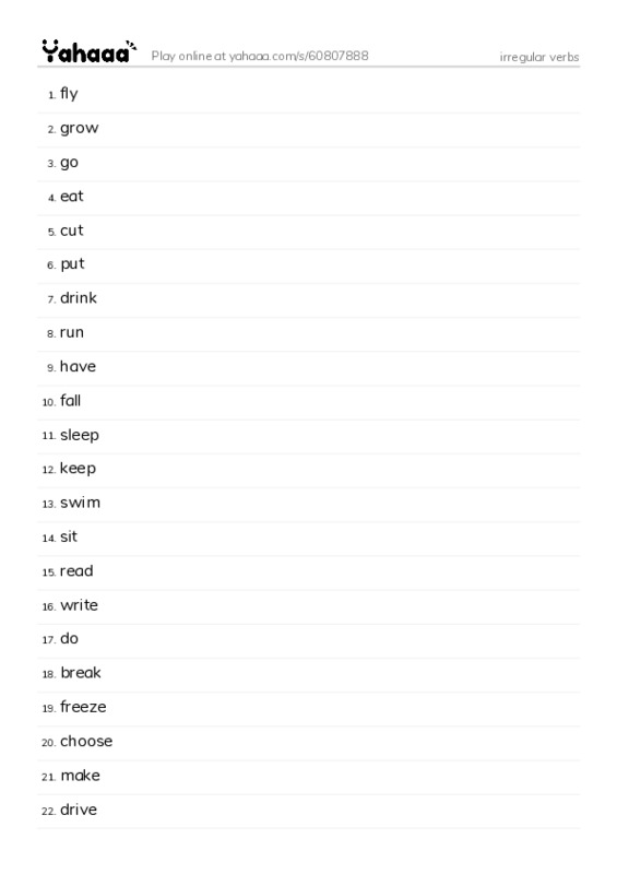 Word list with meanings worksheet for irregular verbs