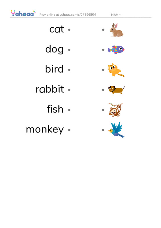 Draw a line to match worksheet for New Words Animals