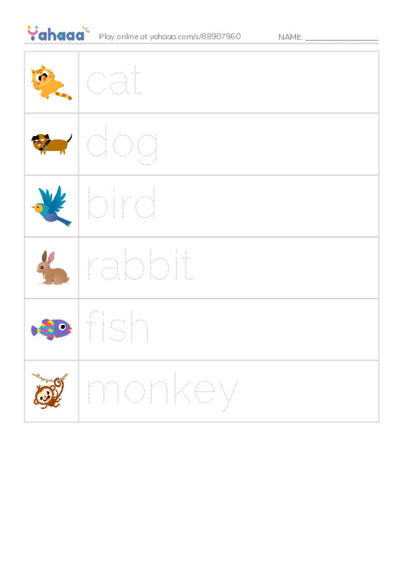 Picture and word rows worksheet for New Words Animals