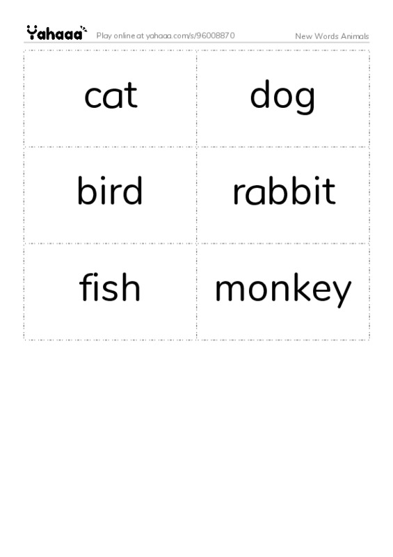 Word flashcards worksheet for New Words Animals
