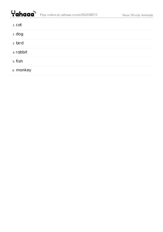 Word list with meanings worksheet for New Words Animals