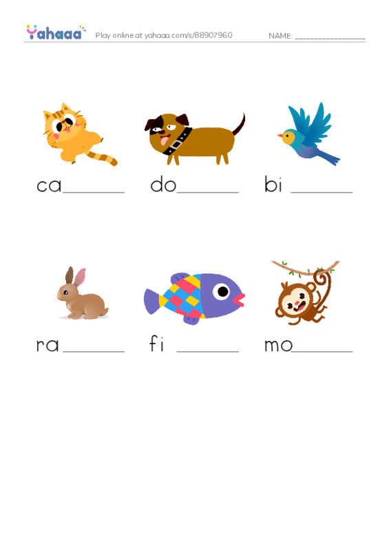 Finish the word worksheet for New Words Animals