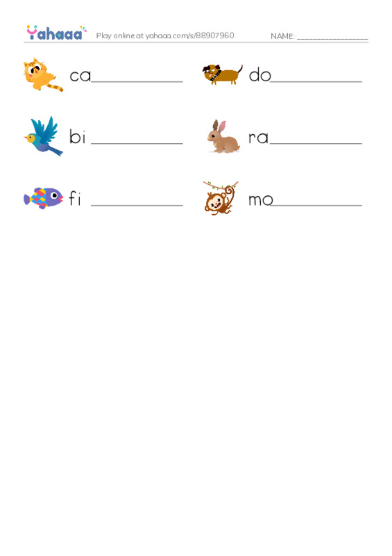 Write the word rows worksheet for New Words Animals