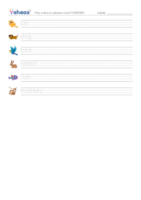 Handwriting lines worksheet for New Words Animals