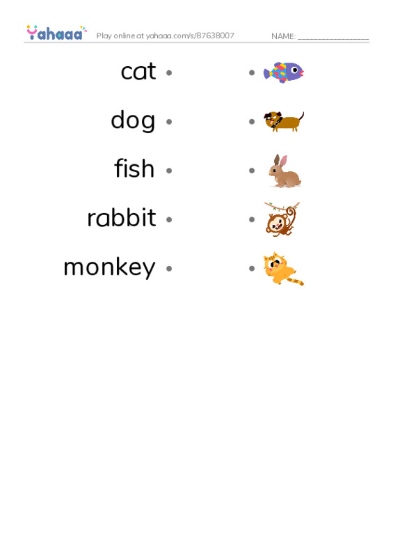 Draw a line to match worksheet for New Words Animals