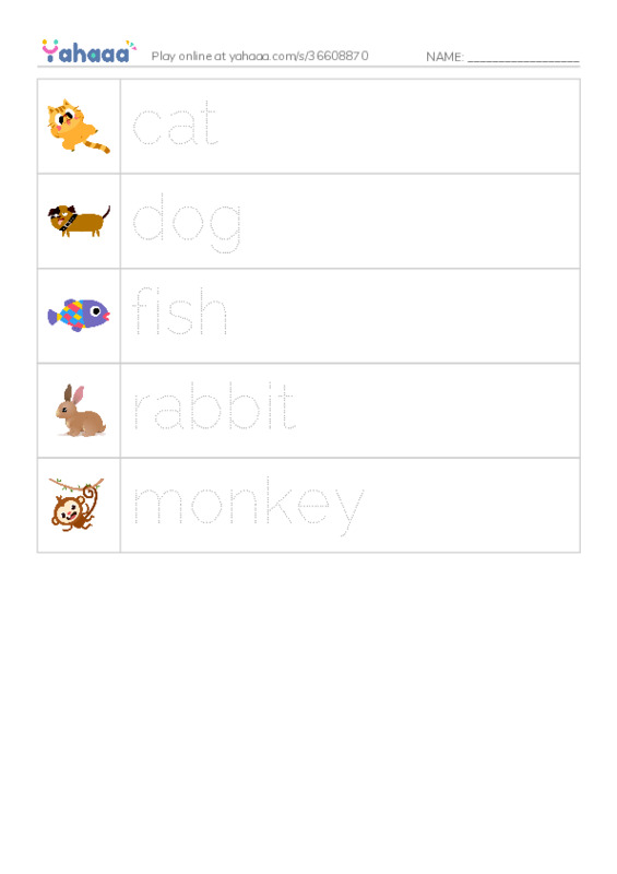 Picture and word rows worksheet for New Words Animals