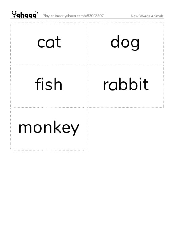 Word flashcards worksheet for New Words Animals
