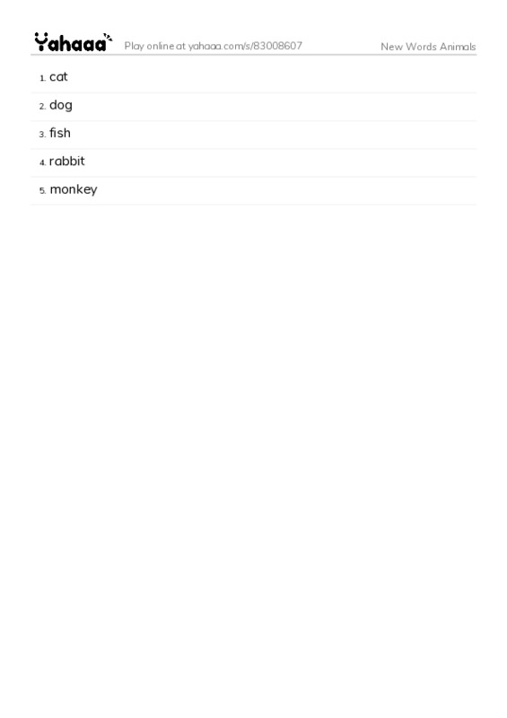 Word list with meanings worksheet for New Words Animals