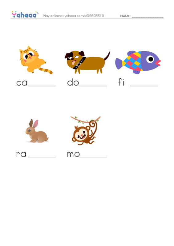 Finish the word worksheet for New Words Animals