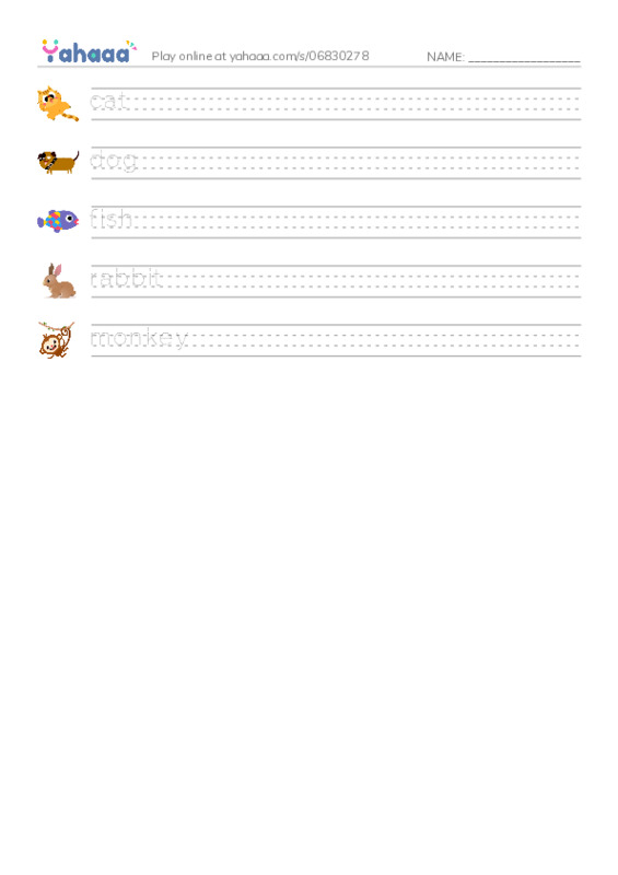 Handwriting lines worksheet for New Words Animals