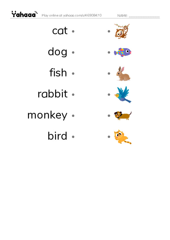 Draw a line to match worksheet for New Words Animals
