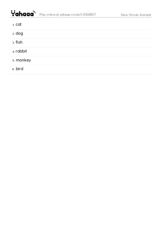 Word list with meanings worksheet for New Words Animals