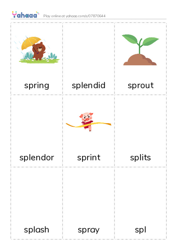 Picture flashcards worksheet for spring, splendid, sprout and 7 more