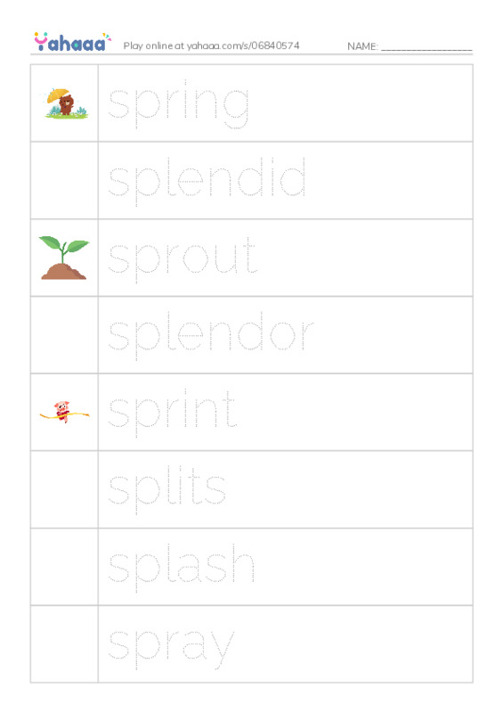 Picture and word rows worksheet for spring, splendid, sprout and 7 more