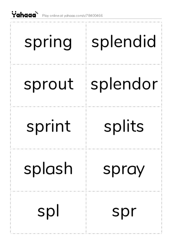 Word flashcards worksheet for spring, splendid, sprout and 7 more