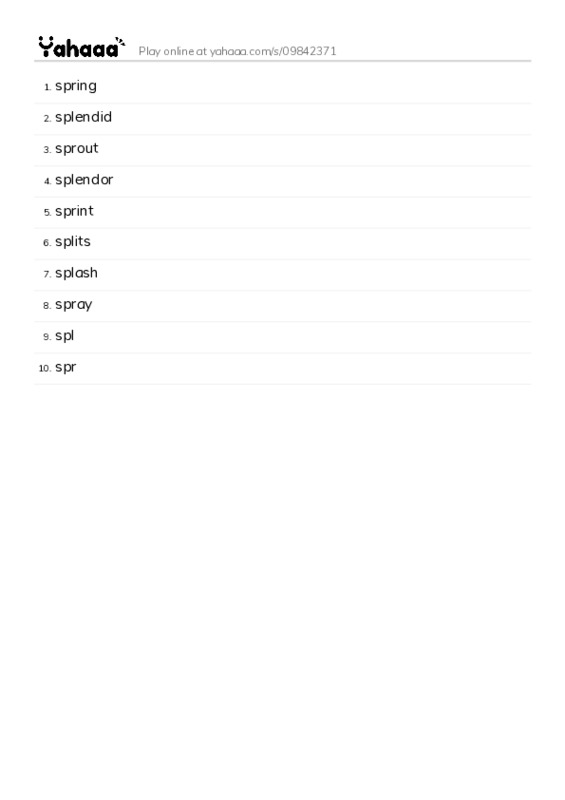 Word list with meanings worksheet for spring, splendid, sprout and 7 more