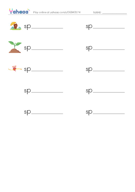 Write the word rows worksheet for spring, splendid, sprout and 7 more