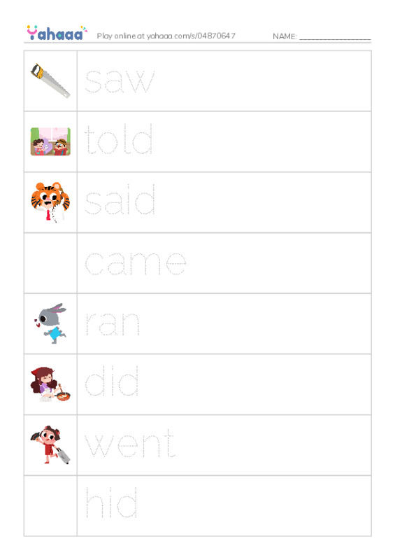 Picture and word rows worksheet for irregular verbs