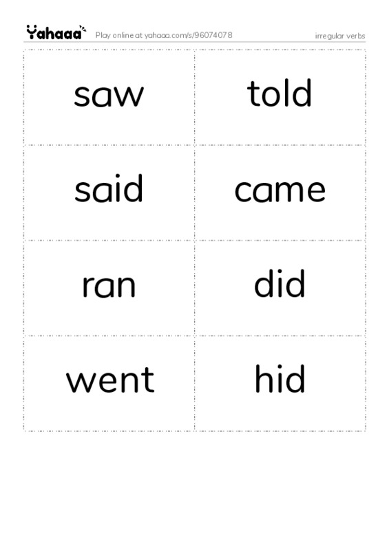 Word flashcards worksheet for irregular verbs