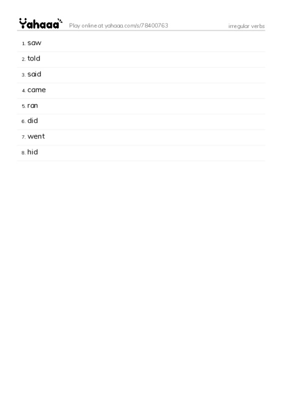 Word list with meanings worksheet for irregular verbs