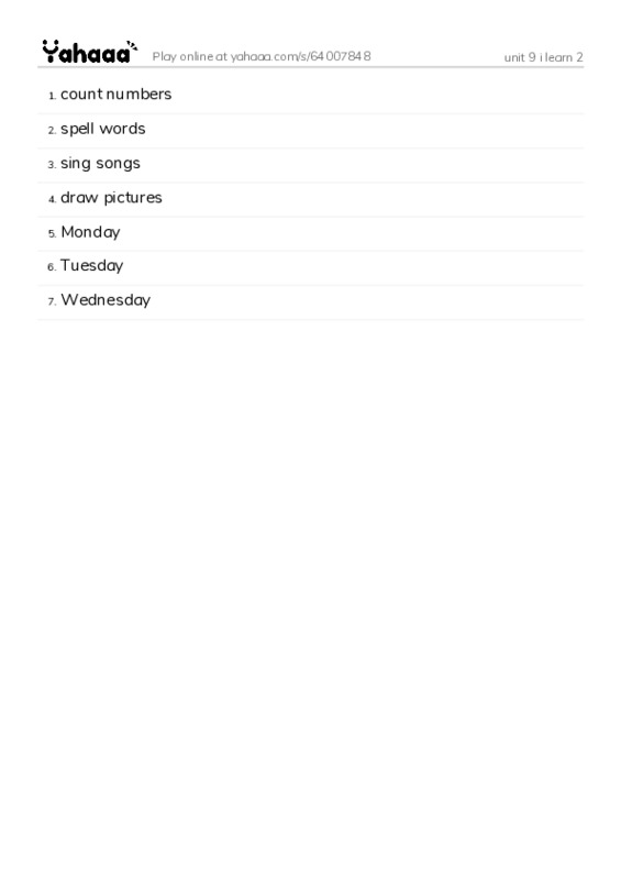 Word list with meanings worksheet for unit 9 i learn 2