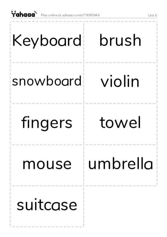 Word flashcards worksheet for Unit 6