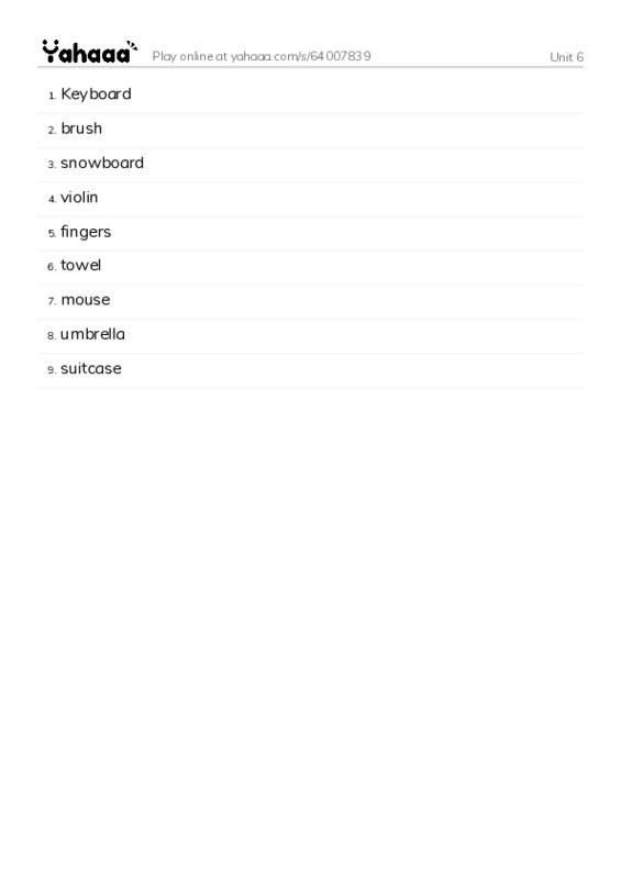 Word list with meanings worksheet for Unit 6