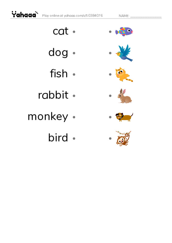 Draw a line to match worksheet for New Words Animals