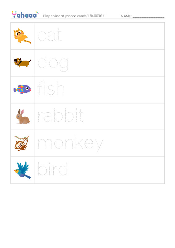 Picture and word rows worksheet for New Words Animals