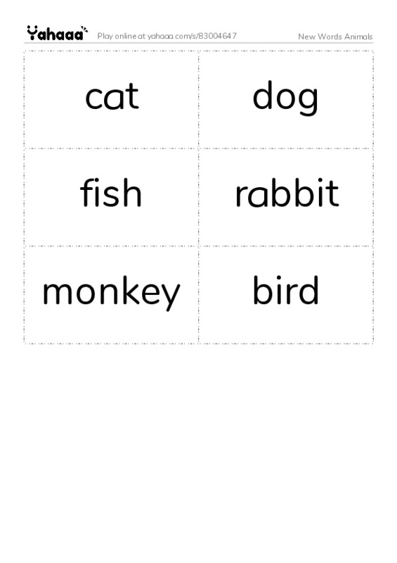 Word flashcards worksheet for New Words Animals
