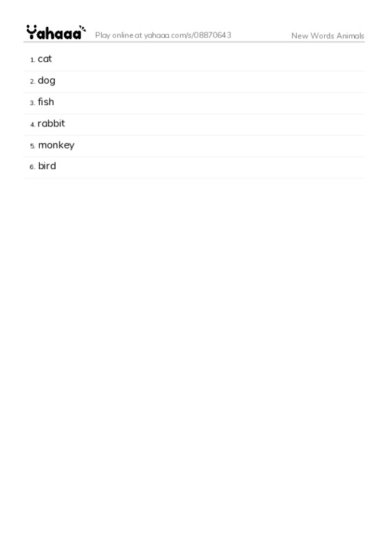 Word list with meanings worksheet for New Words Animals