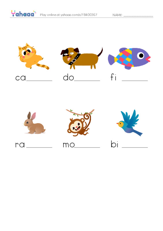Finish the word worksheet for New Words Animals