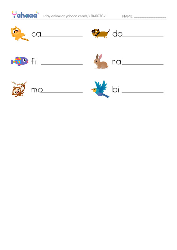 Write the word rows worksheet for New Words Animals