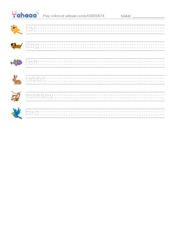 Handwriting lines worksheet for New Words Animals